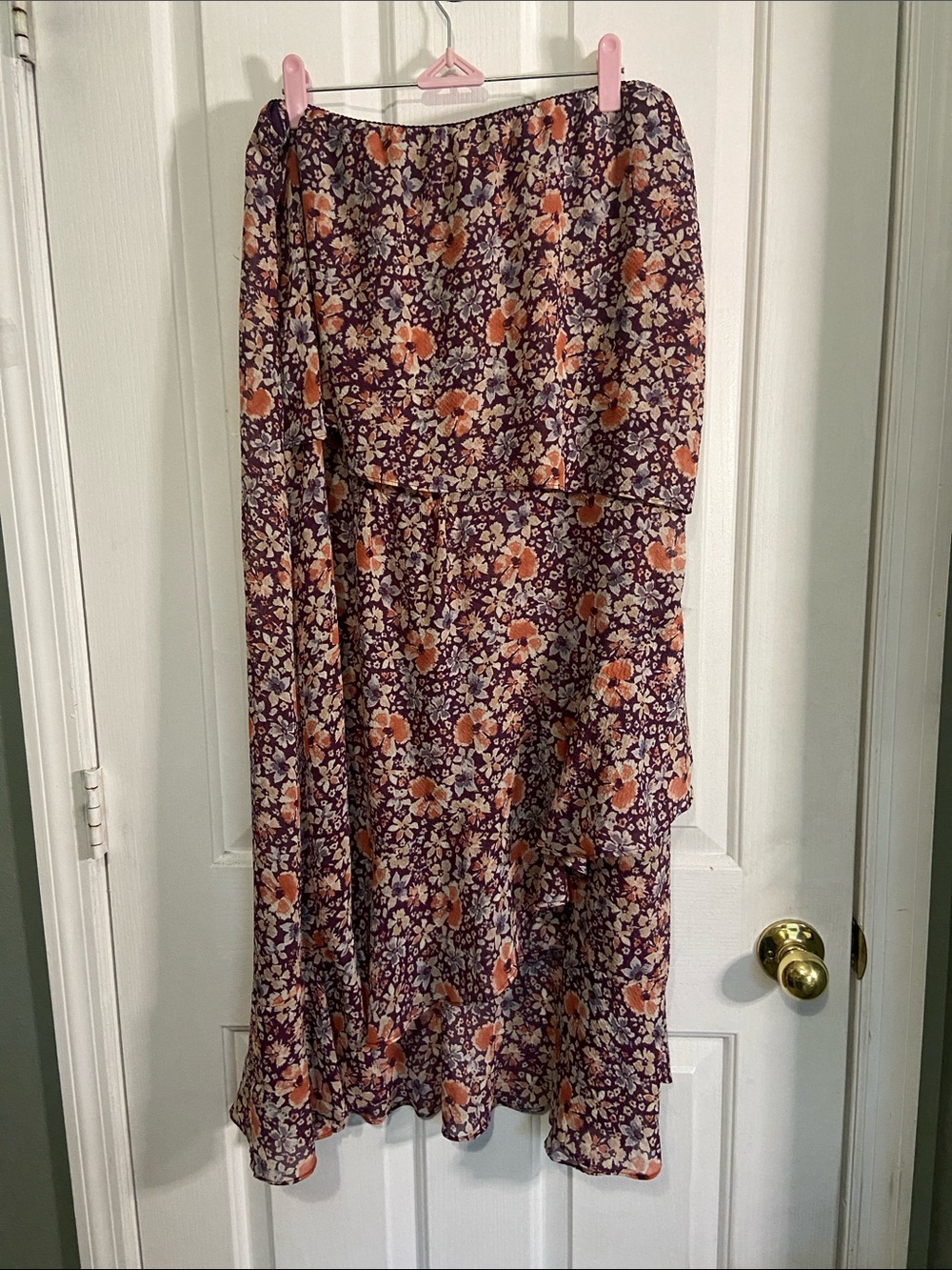 Free People Purple Floral Midi Skirt with Orange Accents